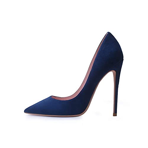 Zhabtuc Damen Navy Blau Wildleder Stiletto Pumps 12 cm Spitz Geschlossene Zehen High Heels mit Pfennigabsatz für Hochzeit Party Abschlussball Arbeit Slip-on Stöckelschuhe mit Absatz Brautschuhe 41 EU von Zhabtuc