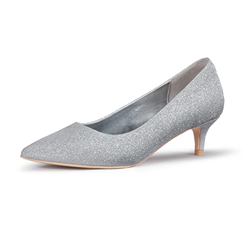 Zhabtuc Damen Pumps mit Kitten Heel, Sexy Spitz Niedrige Absätze 5 cm Absatzschuhe Geschlossene Pumps mit Kleinem Absatz Elegant Brautschuhe Büro Heel Schuhe, Silber 37.5EU von Zhabtuc