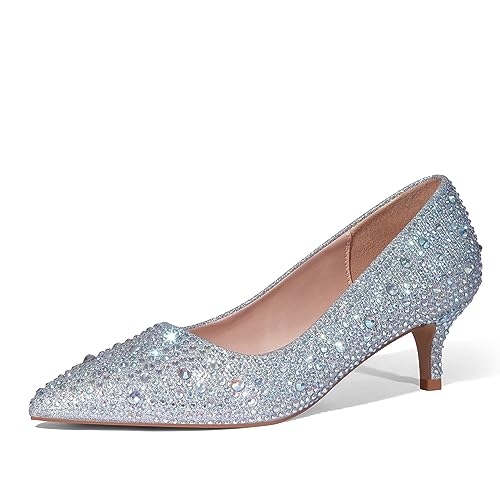 Zhabtuc Damen Pumps mit Kitten Heel Sexy Spitz Niedrige Absätze 5 cm Absatzschuhe Geschlossene Pumps mit Kleinem Absatz Elegant Brautschuhe Büro Heel Schuhe Strass Silber 41EU von Zhabtuc