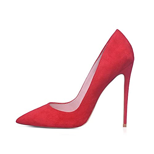 Zhabtuc Damen Rot Wildleder Stiletto Pumps 12CM Spitz Geschlossene Zehen High Heels mit Pfennigabsatz für Hochzeit Party Abschlussball Arbeit Elegant Slip-on Stöckelschuhe mit Absatz Brautschuhe 37 EU von Zhabtuc