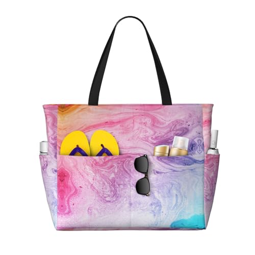 Zhengjia Bunte Strandtasche mit großem Fassungsvermögen, wasserdicht, mit Reißverschluss und Tasche, Tragetaschen für Reisen, Shopping, Pool, Bunte Marmor-Pastell-Pink, Blau, Violett, Einheitsgröße von Zhengjia