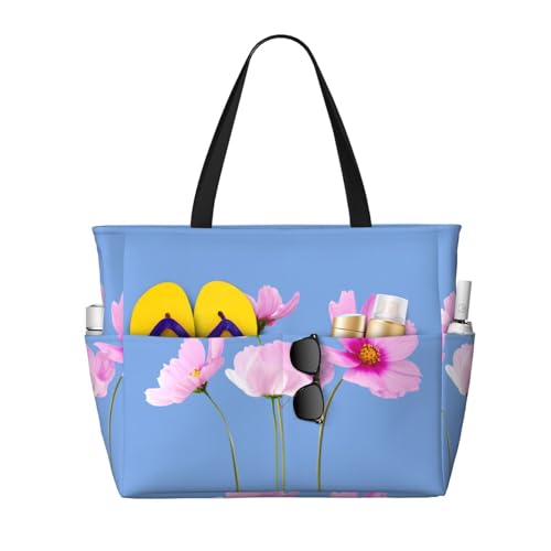 Zhengjia Pink Leaf Flowers Große Kapazität Strand Reisetasche Wasserdichte Strandtasche mit Reißverschluss und Tasche, Tragetaschen für Reisen, Einkaufen, Pool, Rosa Blattblumen., Einheitsgröße von Zhengjia