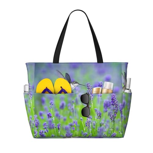 Zhengjia Strand-Reisetasche, Motiv: Vögel in lila Lavendel, Blumenmuster, großes Fassungsvermögen, wasserdicht, Strandtasche mit Reißverschluss und Tasche, Tragetaschen für Reisen, Einkaufen, Pool, von Zhengjia