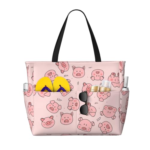 Zhengjia Strand-Reisetasche, süßes Schwein, große Kapazität, wasserdicht, Strandtasche mit Reißverschluss und Tasche, Tragetaschen für Reisen, Einkaufen, Pool, Rosa süßes Schwein, Einheitsgröße von Zhengjia