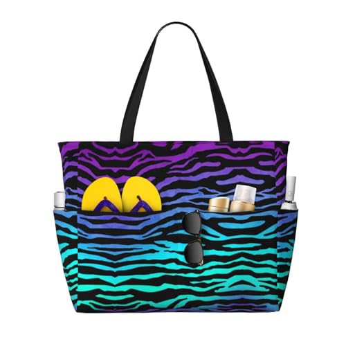 Zhengjia Strand-Reisetasche, wasserdicht, mit Reißverschluss und Tasche, für Reisen, Shopping, Pool, Violett / Blau / Grün, Lila Blau Grün Camouflage Zebra Streifen, Einheitsgröße von Zhengjia