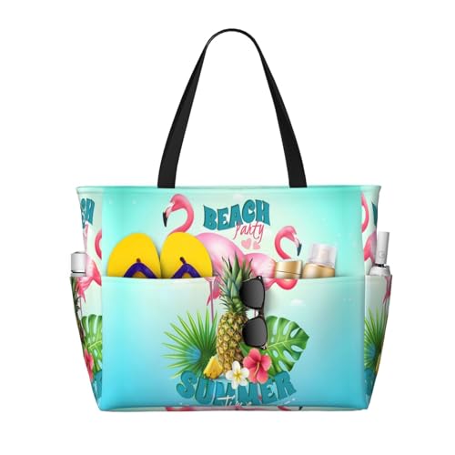 Zhengjia Tropical Flamingo Große Kapazität Strand Reisetasche Wasserdichte Strandtasche mit Reißverschluss und Tasche, Tragetaschen für Reisen, Einkaufen, Pool, Tropischer Flamingo, Einheitsgröße von Zhengjia