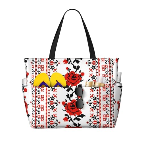 Zhengjia Ukrainische Stickerei Stil Rose Große Kapazität Strand Reisetasche Wasserdichte Strandtasche mit Reißverschluss und Tasche Tragetasche für Reisen, Einkaufen, Pool, Ukrainische Stickerei Stil von Zhengjia