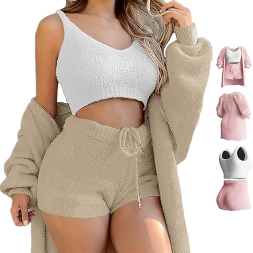 Zhongle Misscosy Strickset 3-teilig,Damen Sexy Warm Fuzzy Fleece 3 Stück Outfits Pyjamas,Misscosy Kleidung 3-Teilig für Frauen (Khaki,Small) von Zhongle