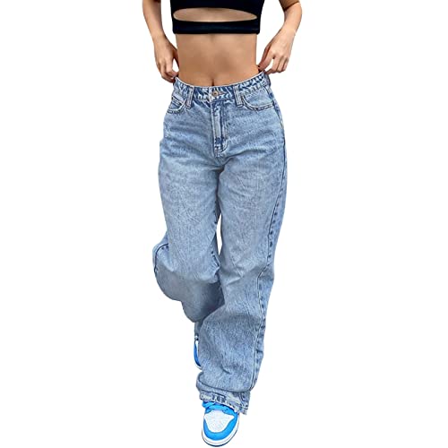 ZhungZaoh Damen Baggy Jeans Damen Y2k High Waist Jeanshose Straight Gerade Breites Bein Boyfriend Freizeithose Sommer Locker Hosen Teenager Streetwear (06-Blaue, L) von ZhungZaoh