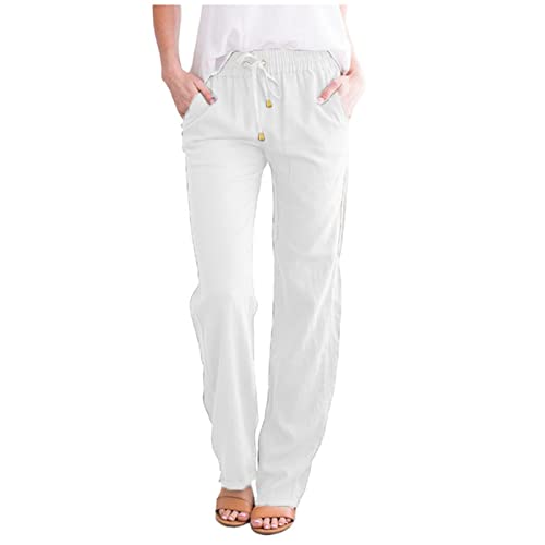 ZhungZaoh Hose Damen Leinen Sommerhose Elegant Casual Lang Leichte Baumwolle Leinenhose Stoffhose Bequeme Luftige Freizeithose Strandhose mit Taschen (01-White, L) von ZhungZaoh