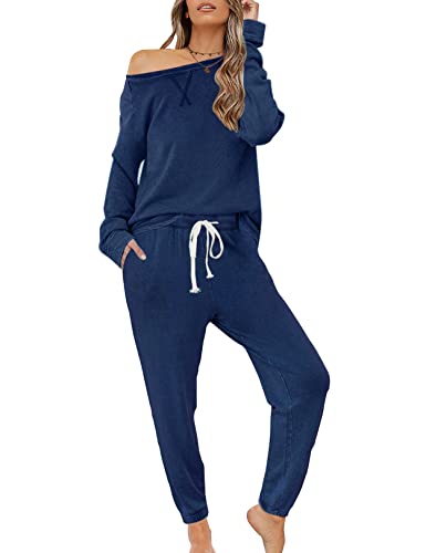 Zilcremo Damen Zweiteiliger Schlafanzug Set Baumwolle Langarm Nachtwäsche Sleepwear und Pyjamahose Lounge Sets Dunkelblau M von Zilcremo