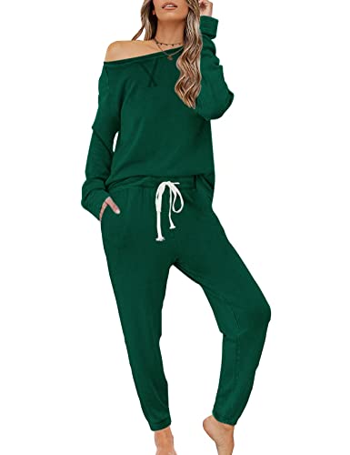 Zilcremo Damen Zweiteiliger Schlafanzug Set Baumwolle Langarm Nachtwäsche Sleepwear und Pyjamahose Lounge Sets Dunkelgrün XL von Zilcremo