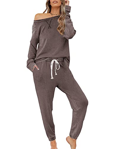 Zilcremo Damen Zweiteiliger Schlafanzug Set Baumwolle Langarm Nachtwäsche Sleepwear und Pyjamahose Lounge Sets Kaffee L von Zilcremo