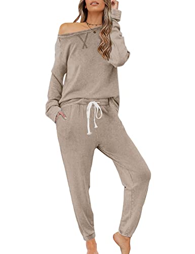 Zilcremo Damen Zweiteiliger Schlafanzug Set Baumwolle Langarm Nachtwäsche Sleepwear und Pyjamahose Lounge Sets Khaki S von Zilcremo