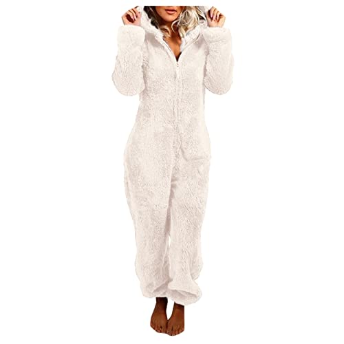 Damen Jumpsuit Teddy Fleece Pyjama Damen Große Größe Pyjama Bequemer Hausanzug Anzug Flauschig Schlafanzug Flauschig und Kuschelig Weich Einteiler Onesie Plüsch Overall Lang Warm Loungewear Overall von Zilosconcy