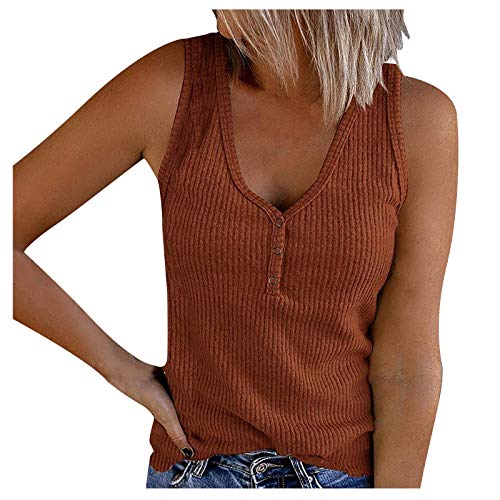 Damen Tanktops mit V-Ausschnitt Sommer Gerippte Ärmellose Henley Bluse Lässige Lose Geknöpfte Cami Strick T-Shirts von Zilosconcy