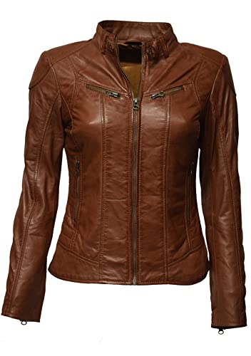 Zimmert Leather Lederjacke Damen Biker Frida Slim-Fit weiches Lamm-Nappa, Reißverschluss, Stehkragen mit Schnalle Gelb Cognac Braun Dunkelrot (44, Whiskey) von Zimmert Leather