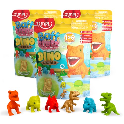 Zimpli Kids 3 x große Dino Surprise Badebomben, 6 Überraschungs-Dinosaurier-Spielzeuge zum Sammeln, eine pro Badebombe, Schaumbadespielzeug Fizzies für Weihnachten, Strumpffüller, von Zimpli Kids