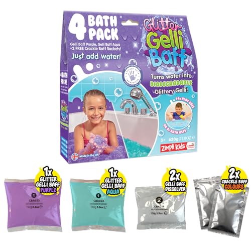 Zimpli Kids Glitter Gelli Baff Purple & Aqua, 4 Bade-Vorteilspackung, verwandelt Wasser magisch in dicke, bunte Goo, 2 x gratis Knister-Baff, sensorisches Spielzeug für Kleinkinder, Kunst und Handwerk Zimpli Kids Glitter Gelli Baff Purple & Aqua, 4 Bade-Vorteilspackung, verwandelt Wasser magisch in dicke, bunte Goo, 2 x gratis Knister-Baff, sensorisches Spielzeug für Kleinkinder, Kunst und Handwerk von Zimpli Kids