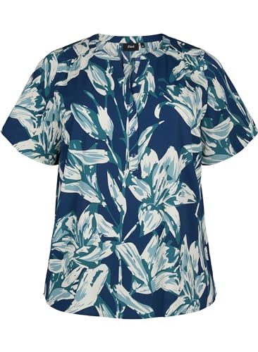 Zizzi Damen Große Größen Bluse Kurze Ärmel V-Ausschnitt Gr Gr L (50/52) Navy B.Big FlowerAOP von Zizzi