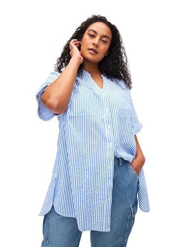 Zizzi Damen Große Größen Shirt Baumwolle Streifen Kurzarm Gr. Gr M (46/48) Light Blue Stripe von Zizzi