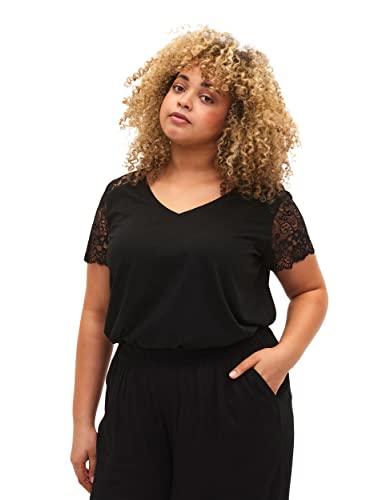 Zizzi Damen Große Größen T-Shirt Baumwolle V-Ausschnitt Spitze Gr 50-52 Black von Zizzi