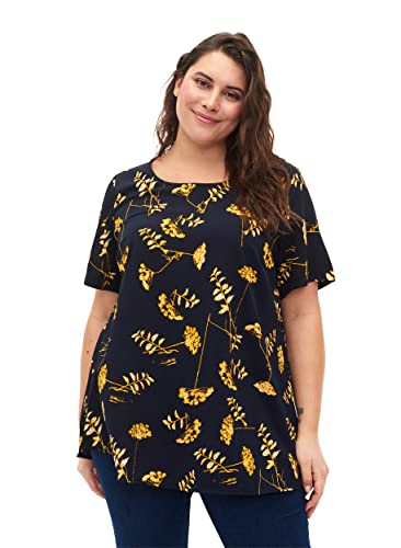 Zizzi Flash by Damen Große Größen Bluse Kurze Ärmel Print Gr 46-48 Night Sky Yellow AOP von Zizzi