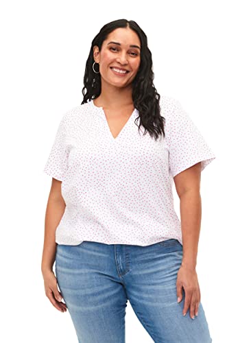 Zizzi Frauen Plus Größe T-Shirt Baumwolle V-Ausschnitt Größe 42-44 B.White/S. Pink Dot von Zizzi