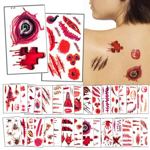 Halloween Narben Tattoo, 30 Blatt Halloween Temporäre Tattoos, Halloween Tattoo Aufkleber, Halloween Kinder Tattoos, Halloween Tattoos für Halloween Kostüm Schminke Cosplay Party Make-up Requisiten von Zkaoai