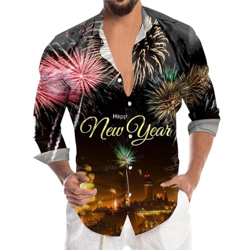 Zofedap Hemd Herren Langarm Slim Fit Casual Stehkragen 2024 Hemden Lustige mit 3D Feuerwerke Druck Hawaiihemd Bunt Langarmshirt Neujahrsgeschenke von Zofedap