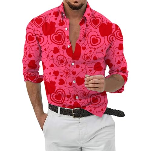 Zofedap Hemd Herren Langarm Slim Fit Casual Stehkragen Hemden Lustige mit 3D Herz Druck Love Hawaiihemd Bunt Langarmshirt Valentinstag Muster von Zofedap