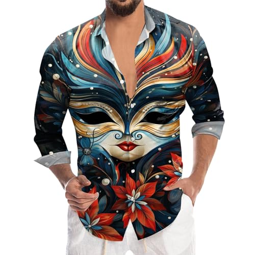 Zofedap Karneval Hemd Herren Langarm Slim Fit Bügelfrei Bunt Stehkragen Hemden Lustige mit 3D Bedruckte Carnival Langarmshirt Faschingskostüme Männer von Zofedap