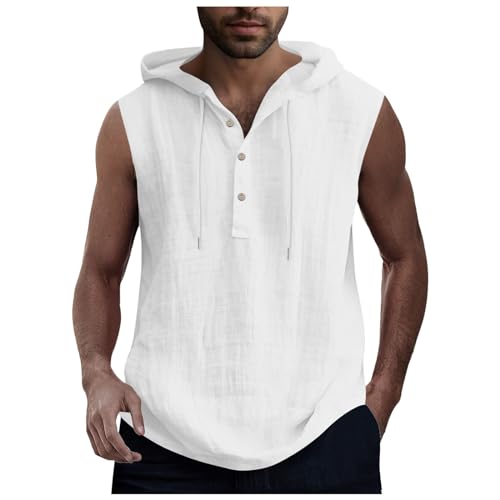 Zofedap Leinenhemd Herren Sommer Leicht mit Kapuze Tank Top Dünn Hoodie Männer Einfarbig Lässig Sommerhemd Ärmelloses Shirt Baumwolle Leinen Kapuzenhemd Tanktop von Zofedap