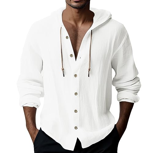 Zofedap Leinenhemd Herren mit Kapuze Sommer Hoodie Dünn Langarm Hawaii Hemd Männer Einfarbig Sommerhemd Lässig Freizeithemden Langarmshirt Linen Kapuzenhemd von Zofedap