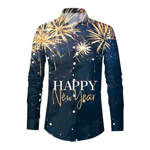 Zofedap Neujahrs Hemd Herren Langarm Slim Fit Bügelfrei Bunt Stehkragen Hemden Lustige mit 3D Bedruckte 2024 Feuerwerke Langarmshirt Neujahrsgeschenke von Zofedap