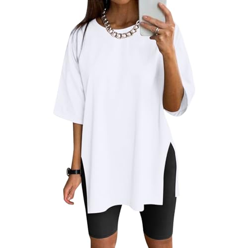 Zofedap Tshirt Damen Oversize Baumwolle Basic Oberteile Rundhals Sommer Seitenschlitzen Sport Kurzarm Streetwear Tops Y2K Locker T-Shirt Locker Sportshirt von Zofedap