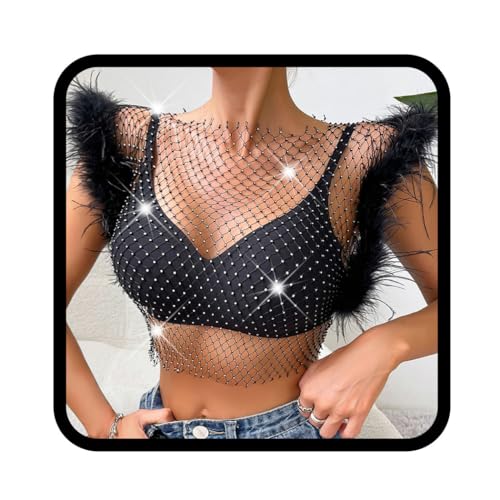 Zookey Damen Strass Mesh Top See Trough Rave Top Schwarz Fischnetz Top Ärmellos Nachtclub Outfit, Schwarz , One size von Zookey