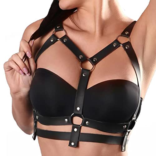 Zookey Punk Leder Körperkette Gothic Schwarz Leder Körperkette Nachtclub Rave Brustkette Gürtel BH Schmuck Accessoires für Frauen und Mädchen von Zookey