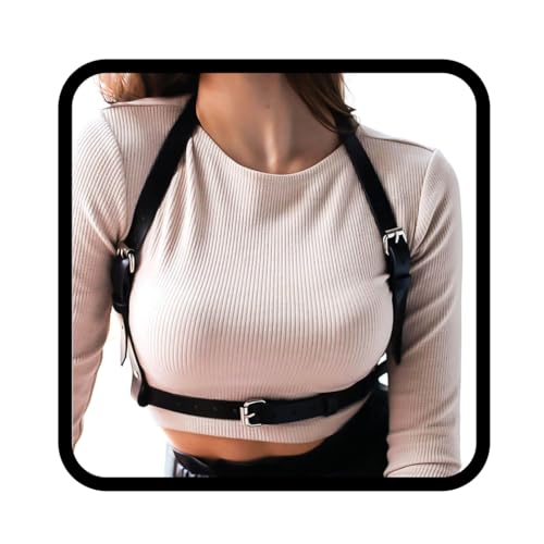 Zookey Punk Leder Körperkette Schwarz Leder Taille Kette Nachtclub Rave Brust Kette Gürtel BH Schmuck Zubehör für Frauen und Mädchen von Zookey