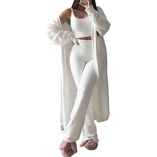 Zopmopae Damen Fuzzy 3-teiliges Lounge-Set Open Front Cardigan Crop Tank Tops Weite Beinhosen Freizeitkleidung Outfits Pyjamas Set von Zopmopae