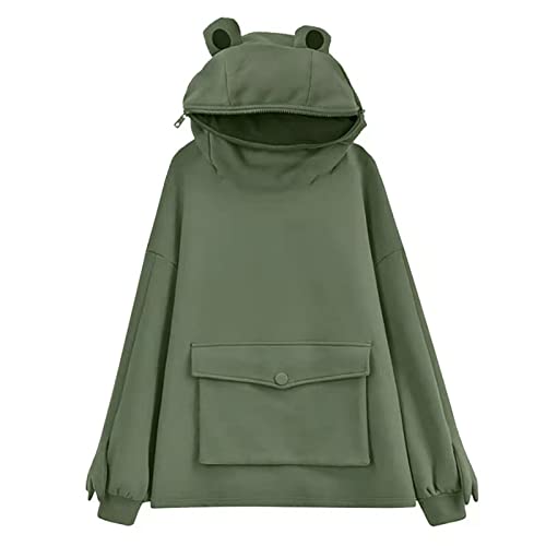 Zopmopae Frauen Frosch Hoodie Netter Reißverschluss Mund Frosch Sweatshirt Langarm Pullover Mit Kapuze Tops mit Tasche von Zopmopae