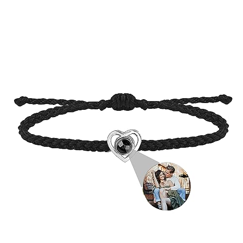 Zopmopae Personalisierte Foto Armbänder mit Bild im Inneren Benutzerdefinierte Bildprojektionsarmbänder 100 Sprachen Ich liebe dich Herz Fotoarmband Verstellbare Seilarmbänder für Ihn Ihre Paare von Zopmopae