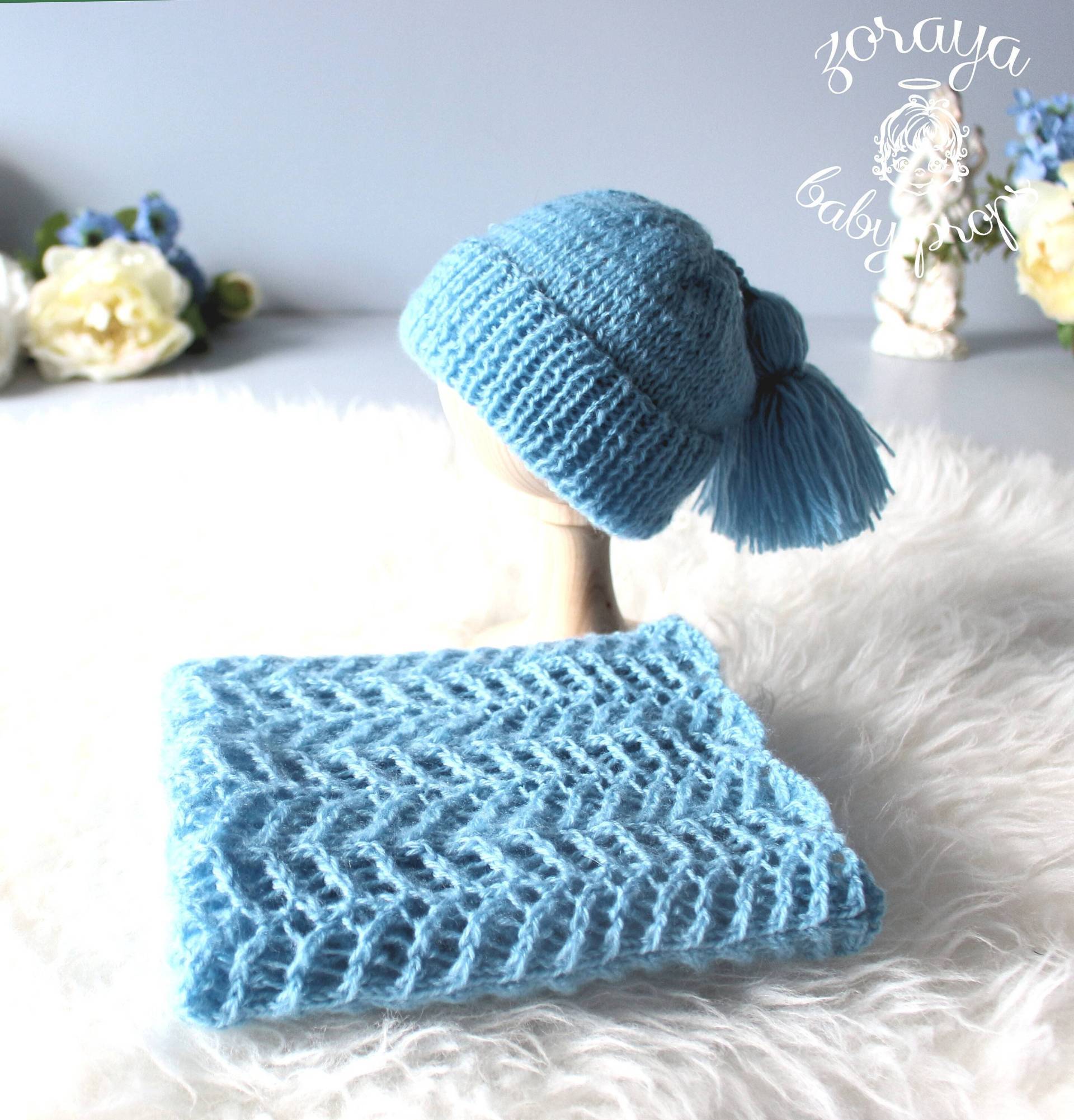 Blaue Decke & Mütze Mit Quaste, Newborn Boy Blue Requisiten, Layering, Bonnet, Knit Blanket, Posing, Props, Bump Blanket von ZorayaBabyProps