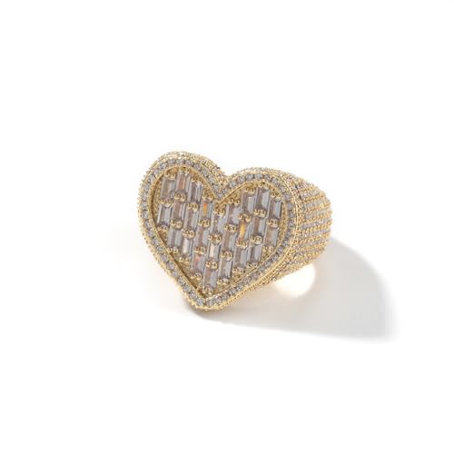 ZqlDDayUP Herz Ring 18K Gold plattiert Iced Out CZ Diamond 3D Heart Shaped Ring, Hip Hop Ringe für Männer, Hochzeit Verlobungsband Ring Pinky Ring für Männer Frauen von ZqlDDayUP