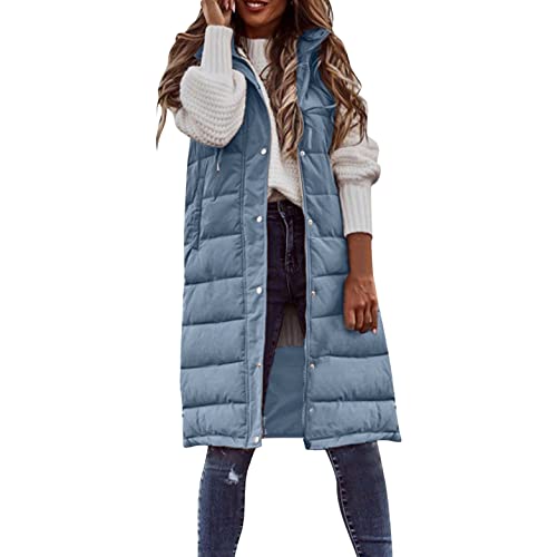 Damen Lang Weste Steppweste Winter Daunenweste Übergangsweste Winterjacke Longweste Winterweste Jacke Mantel Weste Schwarz Leichte Warm Gesteppt Reißverschluss Pufferjacke mit (Weste13 Blue, XXL) von Zshosam