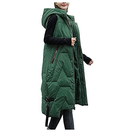 Damen Lang Weste Steppweste Winter Daunenweste Übergangsweste Winterjacke Longweste Winterweste Jacke Mantel Weste Schwarz Leichte Warm Gesteppt Reißverschluss Pufferjacke mit Kapuze (21 Green, L) von Zshosam