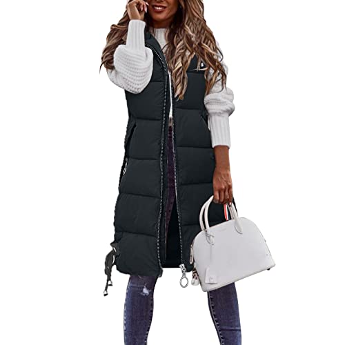 Damen Lang Weste Steppweste Winter Daunenweste Übergangsweste Winterjacke Longweste Winterweste Jacke Mantel Weste Schwarz Leichte Warm Gesteppt Reißverschluss Pufferjacke mit Kapuze (Black, XL) von Zshosam