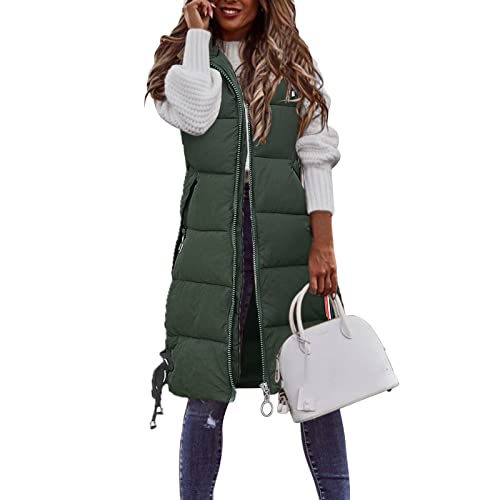 Damen Lang Weste Steppweste Winter Daunenweste Übergangsweste Winterjacke Longweste Winterweste Jacke Mantel Weste Schwarz Leichte Warm Gesteppt Reißverschluss Pufferjacke mit Kapuze (Green, XXXXL) von Zshosam