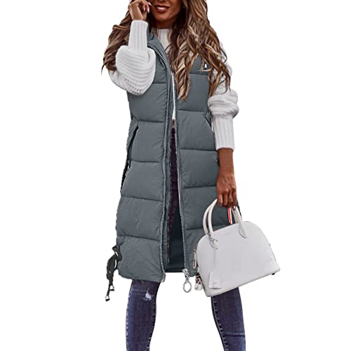 Damen Lang Weste Steppweste Winter Daunenweste Übergangsweste Winterjacke Longweste Winterweste Jacke Mantel Weste Schwarz Leichte Warm Gesteppt Reißverschluss Pufferjacke mit Kapuze (Grey, XXL) von Zshosam