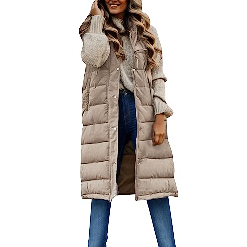 Damen Lang Weste Steppweste Winter Daunenweste Übergangsweste Winterjacke Longweste Winterweste Jacke Mantel Weste Schwarz Leichte Warm Gesteppt Reißverschluss Pufferjacke mit Kapuze (V01-Beige, XXL) von Zshosam